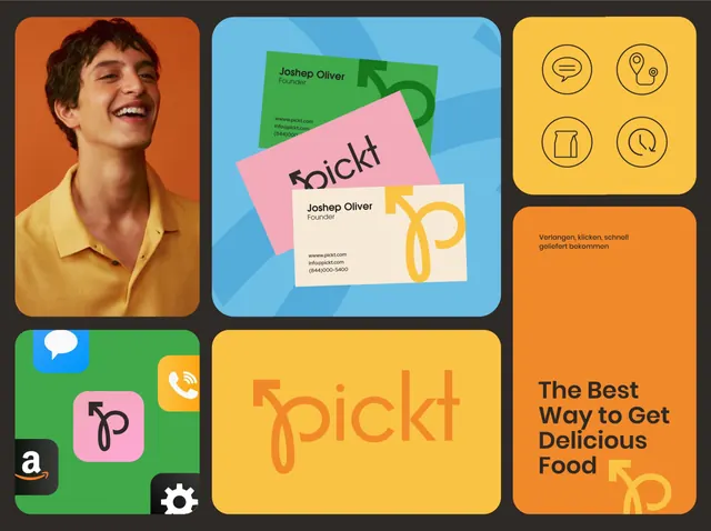 Pickt bento brand board on charcoal, flat, geometric, vibrant
