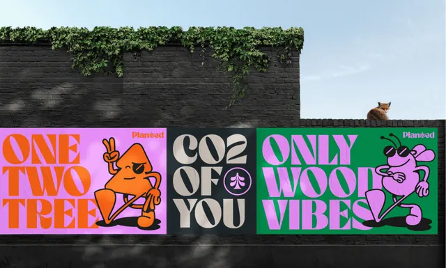 Planted wheatpaste poster wall with mascots, retro, illustrated, vibrant