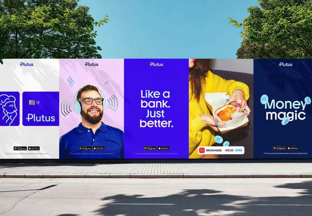 Plutus five-panel poster hoarding, flat, playful, vibrant