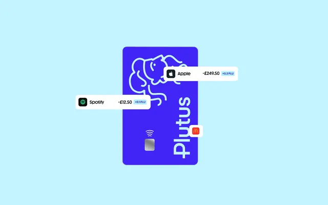 Plutus card render with floating transaction pills, flat, minimal, light