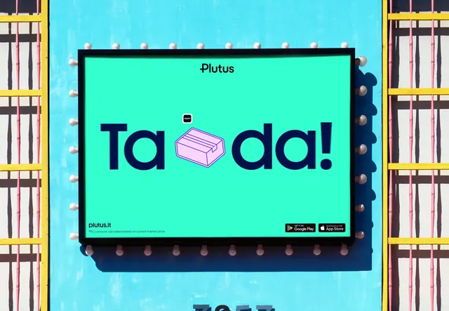 Plutus mint lightbox billboard with icon-in-headline, flat, playful, vibrant