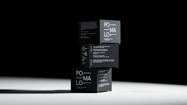 Pomalo matte black cream cartons stacked in a spotlight, minimal, monochrome, dark
