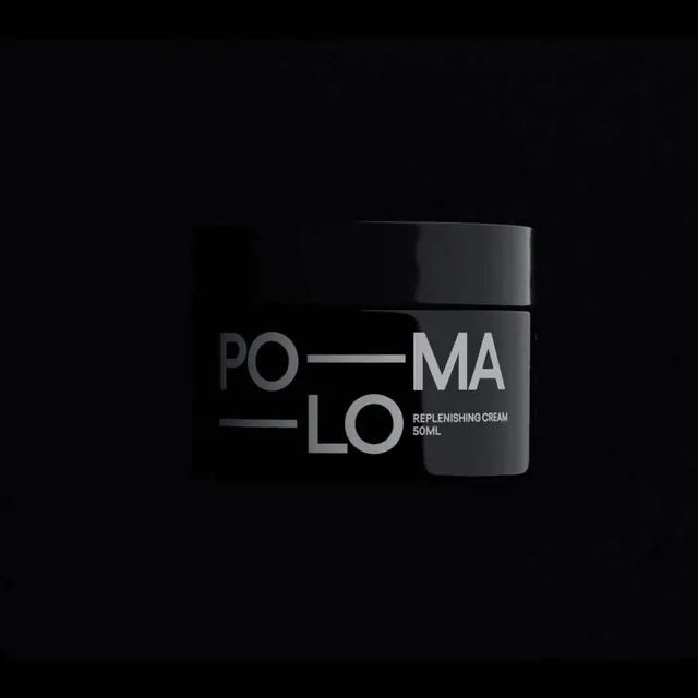 Pomalo replenishing cream jar in black on black, minimal, dark-mode, dark