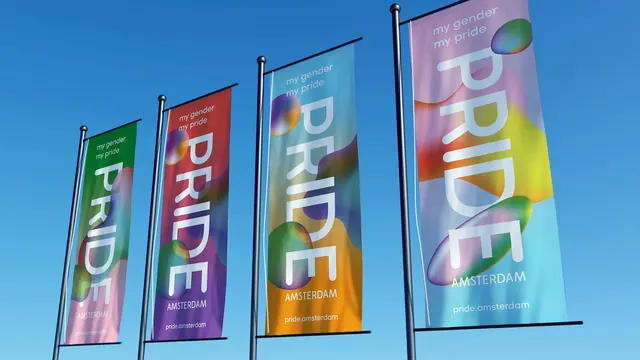 Pride Amsterdam 2022 street flags against blue sky, gradient-heavy, abstract, vibrant