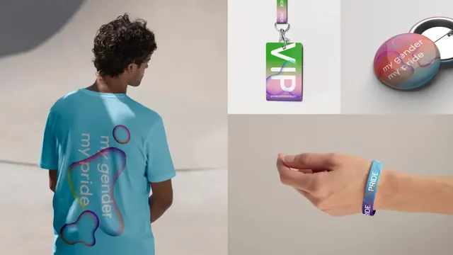 Pride Amsterdam 2022 merchandise and accreditation set, gradient-heavy, organic, vibrant