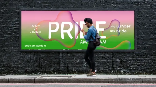 Pride Amsterdam 2022 pink-to-green billboard, gradient-heavy, organic, vibrant