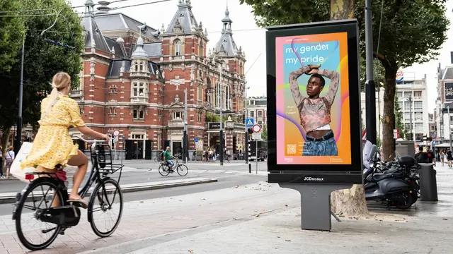 Pride Amsterdam 2022 street display portrait poster, gradient-heavy, photographic, vibrant
