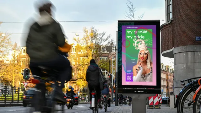 Pride Amsterdam 2022 green and pink street display poster, gradient-heavy, photographic, vibrant