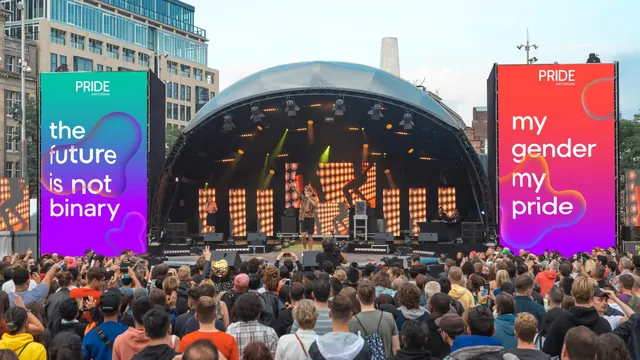 Pride Amsterdam 2022 festival stage LED screens, gradient-heavy, organic, vibrant