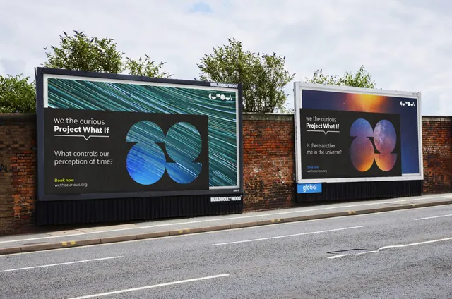 Project What If billboard pair on a roadside wall, typographic, photographic, dark