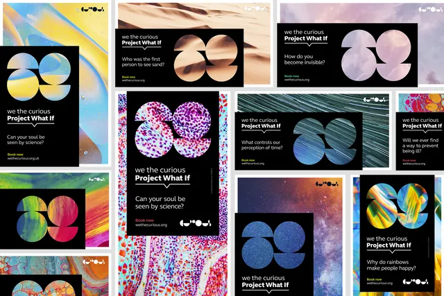 Project What If poster system across formats, typographic, geometric, vibrant