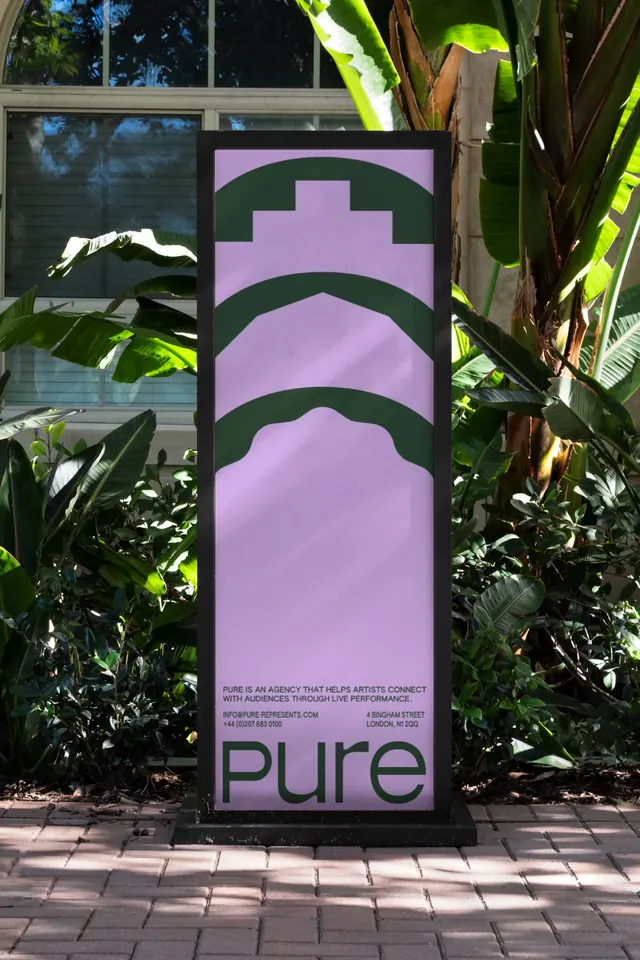 Pure freestanding totem sign with stacked arch shapes, geometric, minimal, pastel