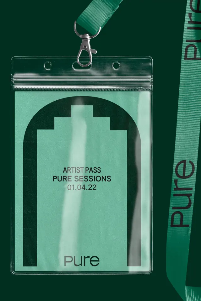 Pure artist pass and lanyard in mint and forest green, minimal, geometric, dark