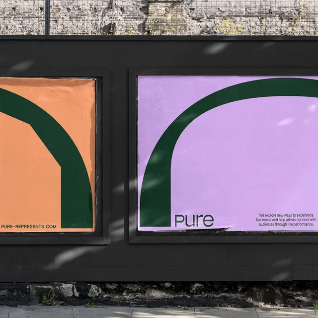 Pure oversized arch posters pasted on a black hoarding, minimal, geometric, pastel