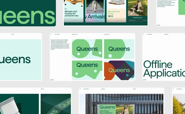 Queens brand guidelines spreads laid out on grey, minimal, editorial, light
