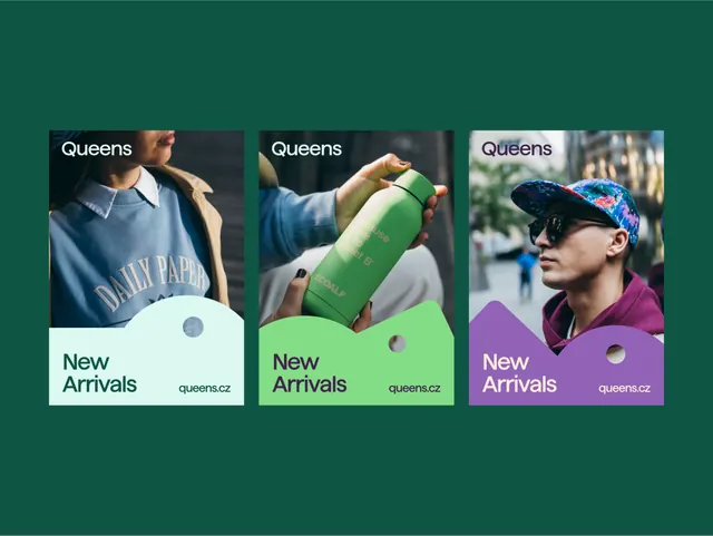 Queens New Arrivals social posts on green, minimal, geometric, dark