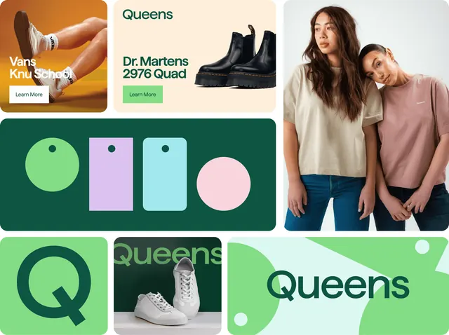 Queens identity bento of banners, tags and apparel, geometric, flat, vibrant