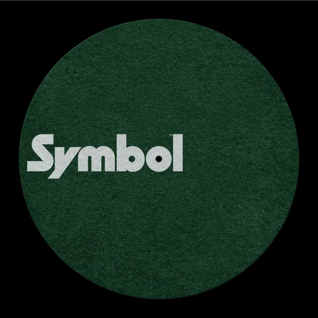 Symbol wordmark on textured green circle, minimal, dark-mode, dark