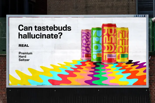 REAL seltzer billboard with liquid color spill, maximalist, geometric, vibrant