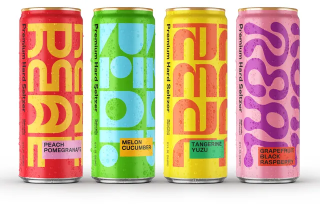 REAL seltzer four-can lineup with warped wordmarks, maximalist, typographic, vibrant
