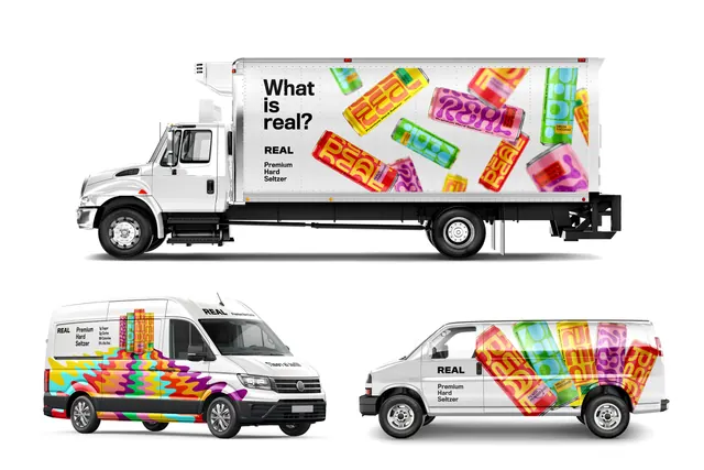 REAL seltzer delivery truck and van livery, minimal, maximalist, light