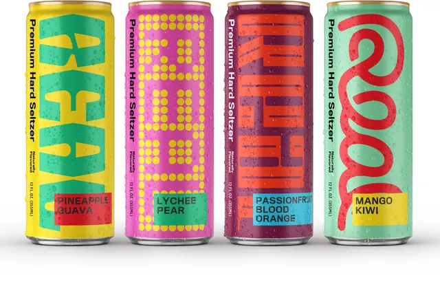 REAL seltzer second flavor lineup in tropical colors, maximalist, typographic, vibrant