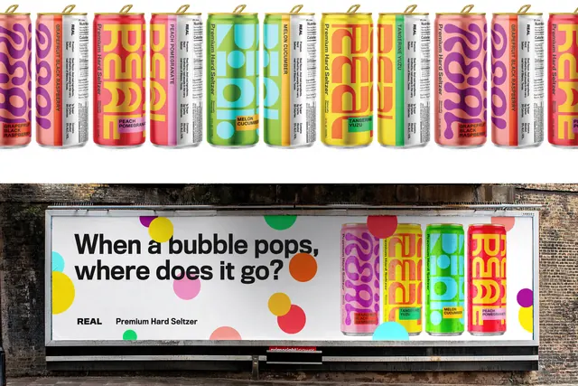 REAL Premium Seltzer can range and bubble billboard, typographic, geometric, vibrant
