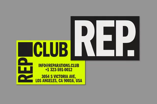Reparations Club business cards, brutalist, typographic, neon