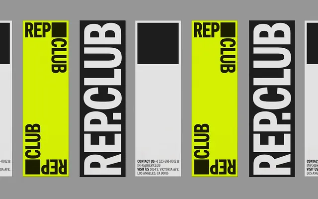 Reparations Club vertical card system, brutalist, typographic, neon