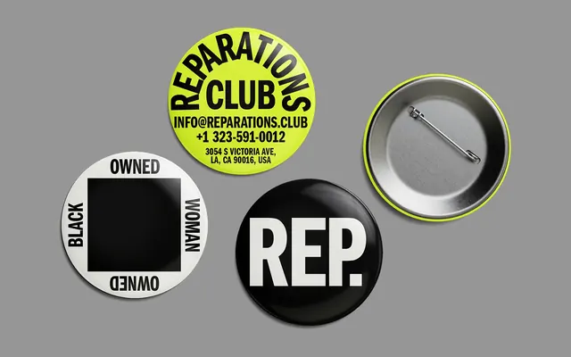 Reparations Club pin badges, brutalist, typographic, neon