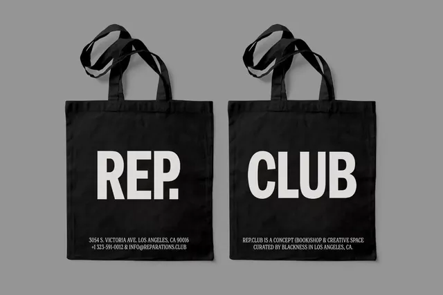 Reparations Club tote bags, minimal, brutalist, dark