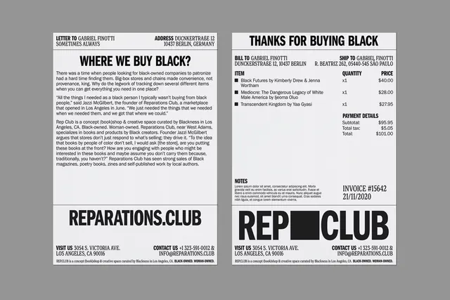 Reparations Club letter and invoice, editorial, brutalist, light