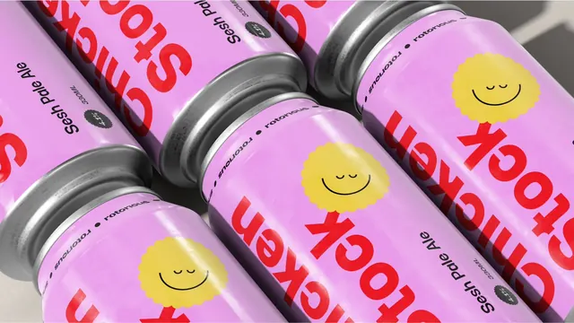 Rotorious pink beer cans with wrapping red display type, playful, photographic, vibrant