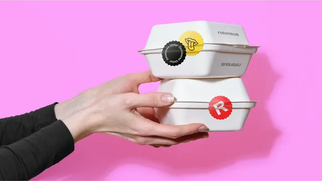 Rotorious moulded fibre takeaway boxes with sticker seals, playful, photographic, vibrant