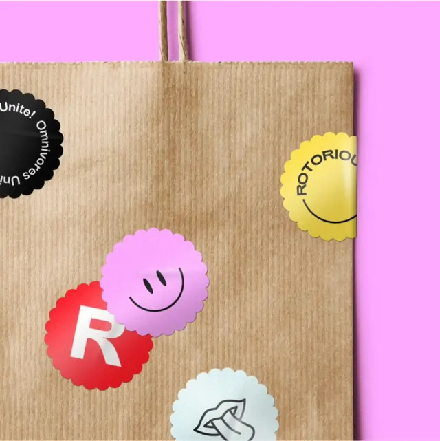 Rotorious kraft carrier bag with scalloped sticker set, playful, photographic, vibrant