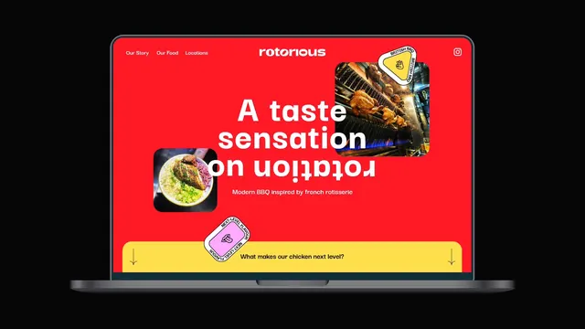 Rotorious homepage on laptop with flipped headline, playful, typographic, vibrant