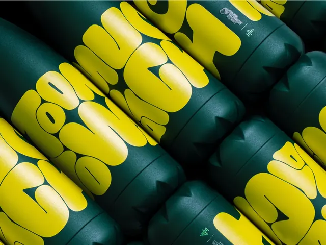 Green branded bottles tiled on the diagonal with yellow lettering, typographic, geometric, dark