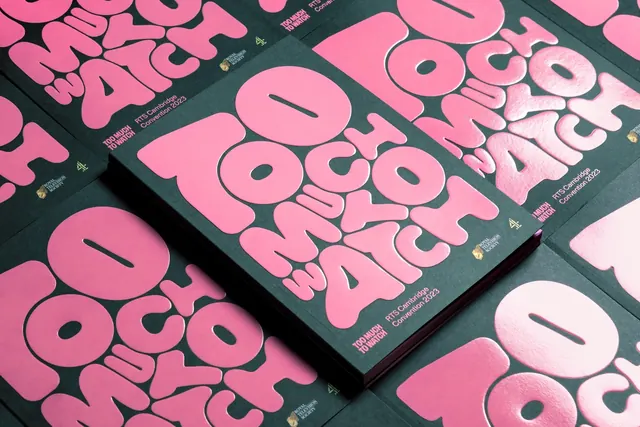 Tiled convention programme covers in pink on dark green board, typographic, editorial, dark