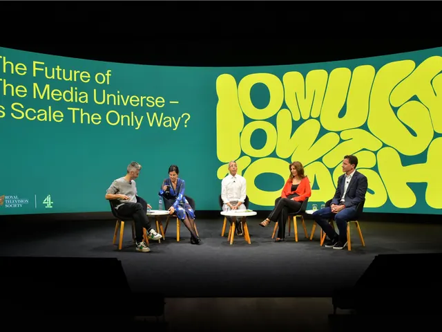 Panel session slide with title left and acid-yellow lettering right, typographic, cinematic, dark