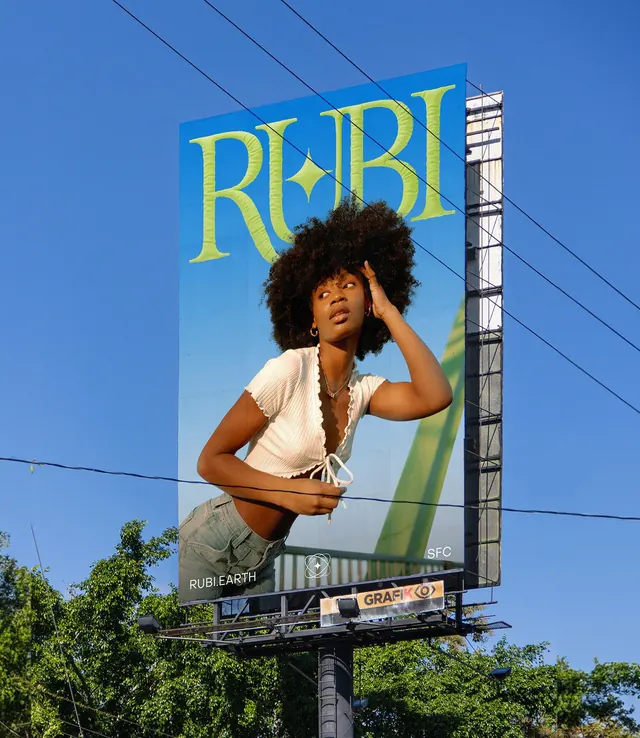 Rubi portrait billboard against open sky, photographic, minimal, cool