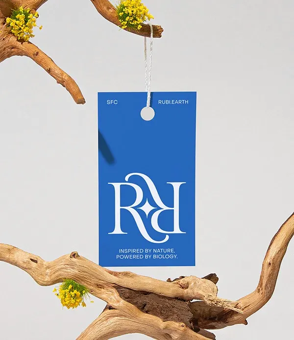 Cobalt Rubi hang tag suspended between driftwood branches, minimal, photographic, cool