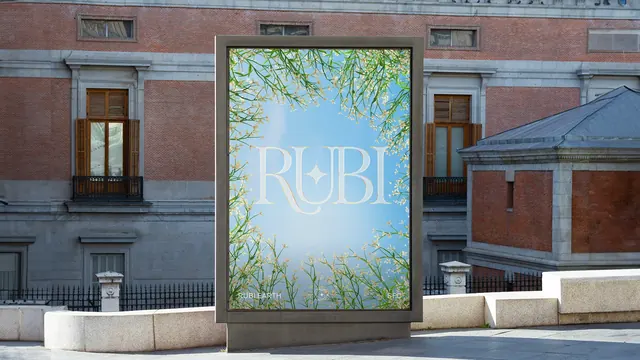 Rubi billboard with serif logotype over a sky and wildflower poster, photographic, organic, light
