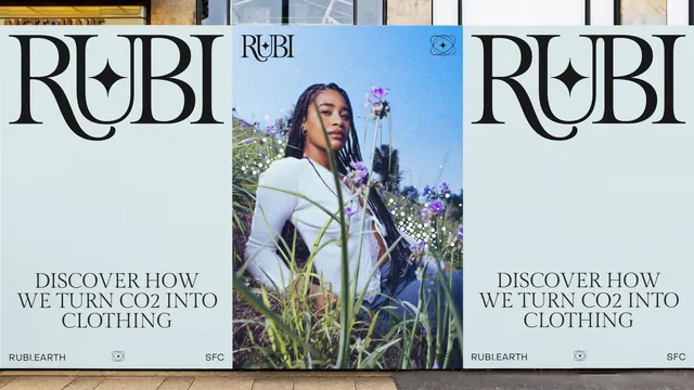 Rubi poster hoarding with oversized serif logotype and CO2 headline, editorial, typographic, light