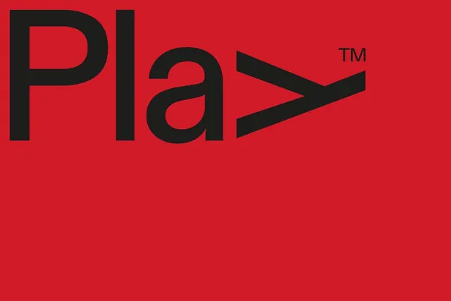 Play wordmark cropped on red, minimal, flat, vibrant