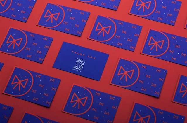 Brand identity system spread with pattern and card, minimal, geometric, vibrant