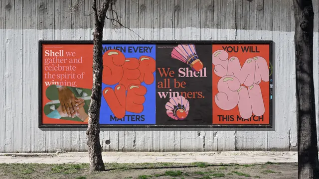 Shell win four-panel billboard poster series, illustrated, typographic, vibrant