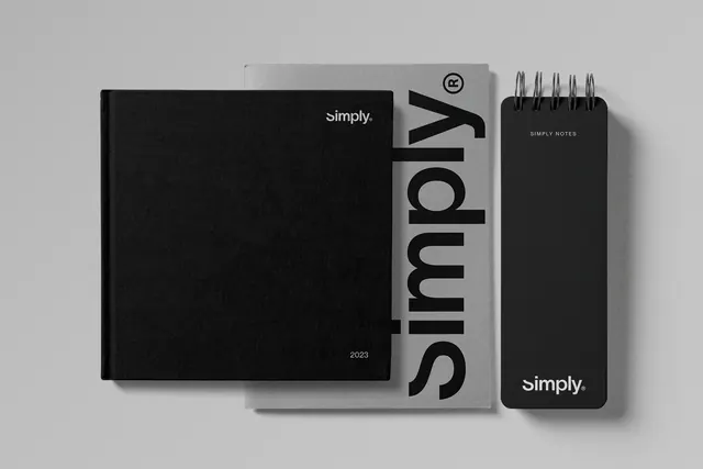 Simply print collateral flat-lay in black and grey, minimal, monochrome, neutral