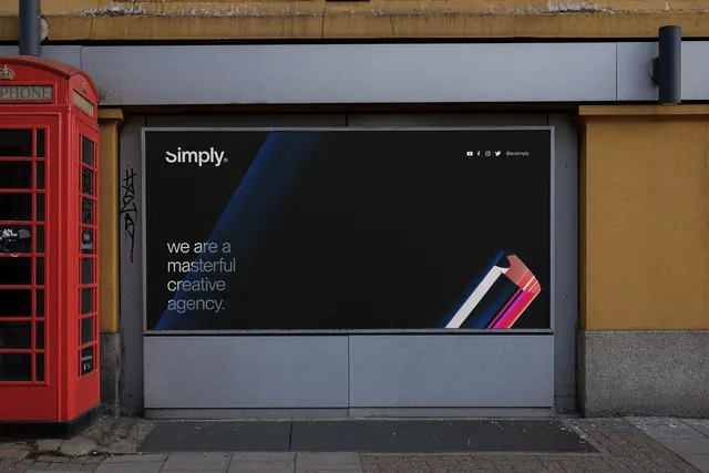 Simply street billboard beside a red phone box, dark-mode, minimal, dark