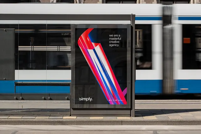 Simply agency poster in a tram shelter, gradient-heavy, minimal, dark