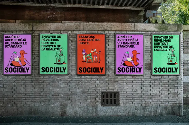 Socialy poster run on a brick underpass wall, illustrated, line-art, vibrant